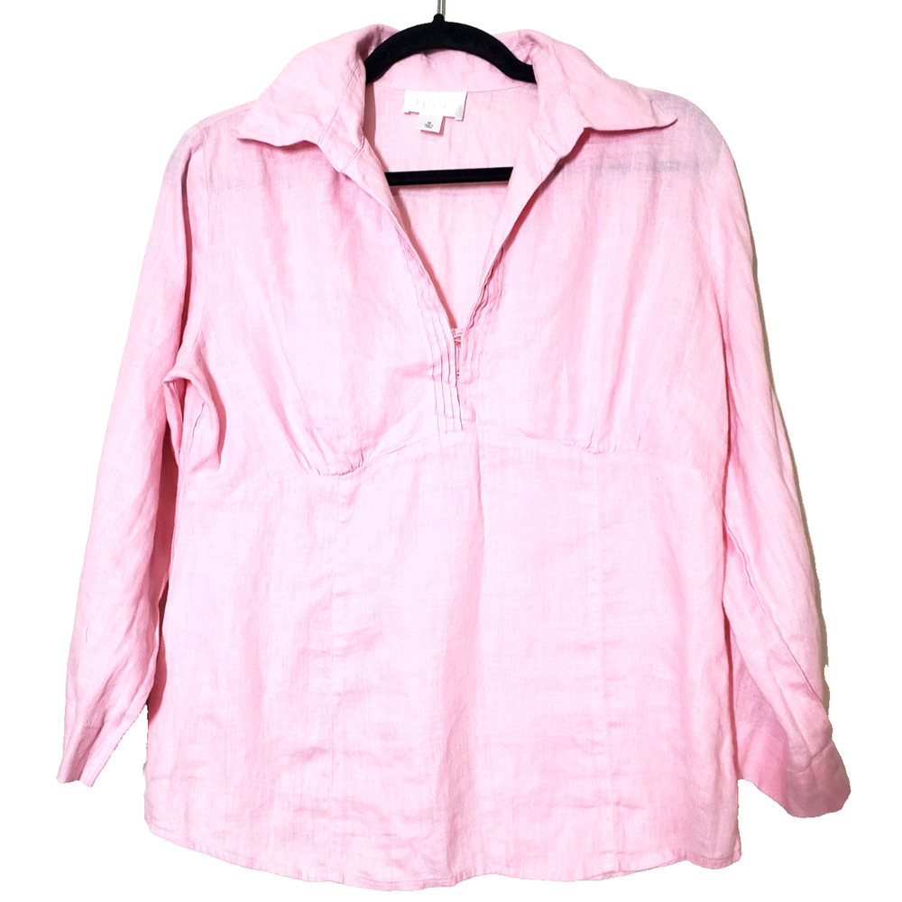 Ann Taylor LOFT Womens Medium Top‎ 100% Linen Pink Blouse Pleated Tailored
